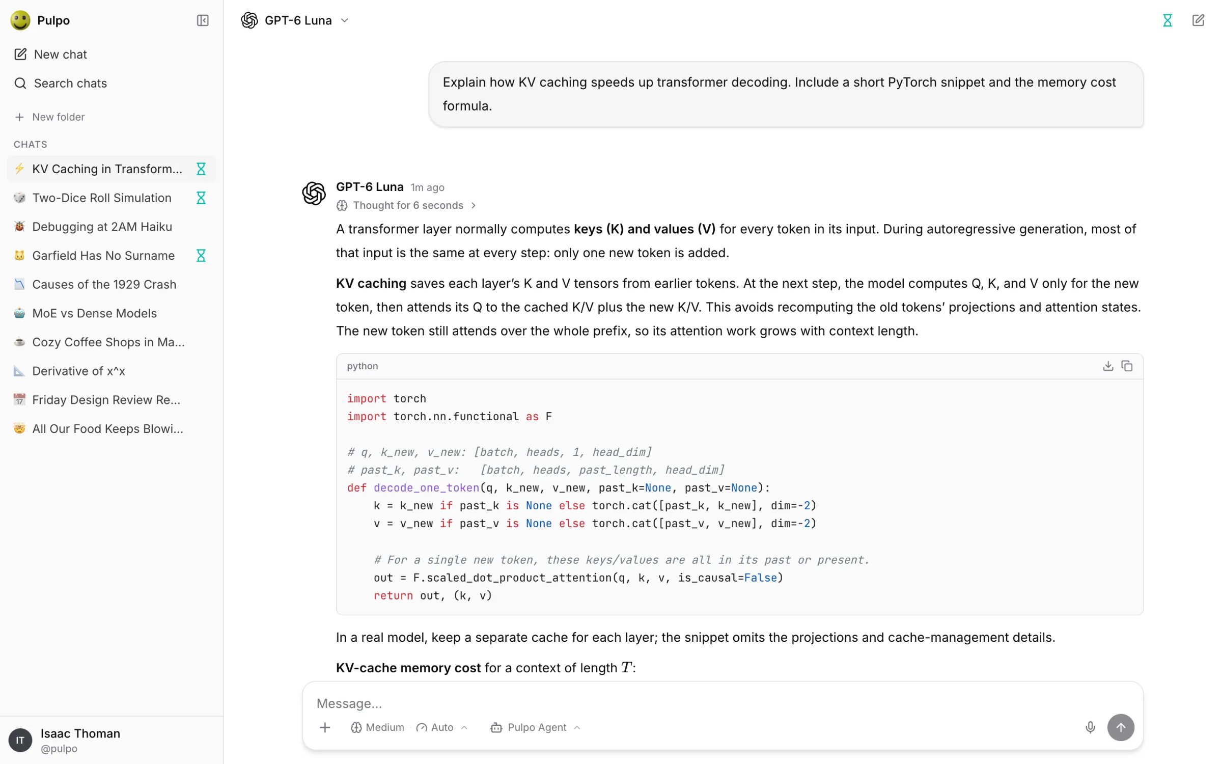 A Pulpo conversation with a formatted answer and code